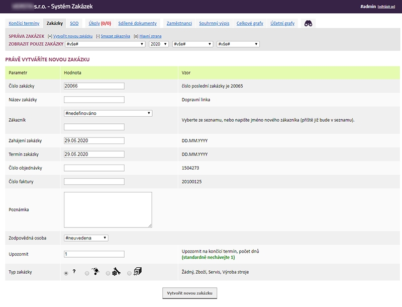 Screenshot ze Systému zakázek 3